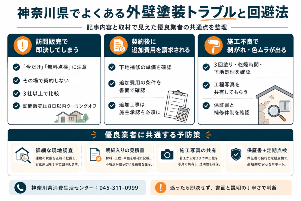 神奈川県でよくある外壁塗装トラブルと対策【悪質業者の手口と回避法】