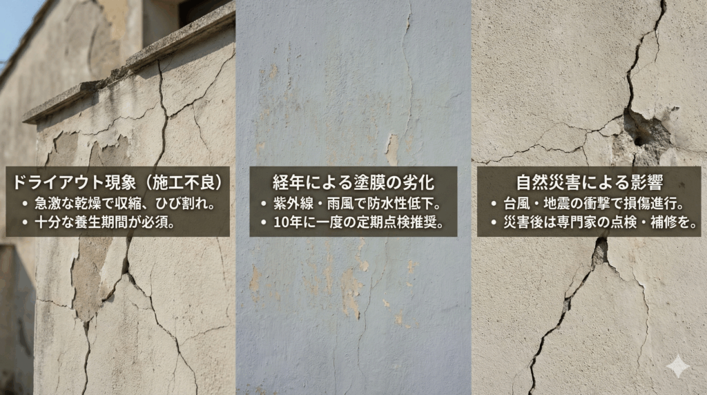 モルタル外壁の剥がれやひび割れが発生する3つの原因図解