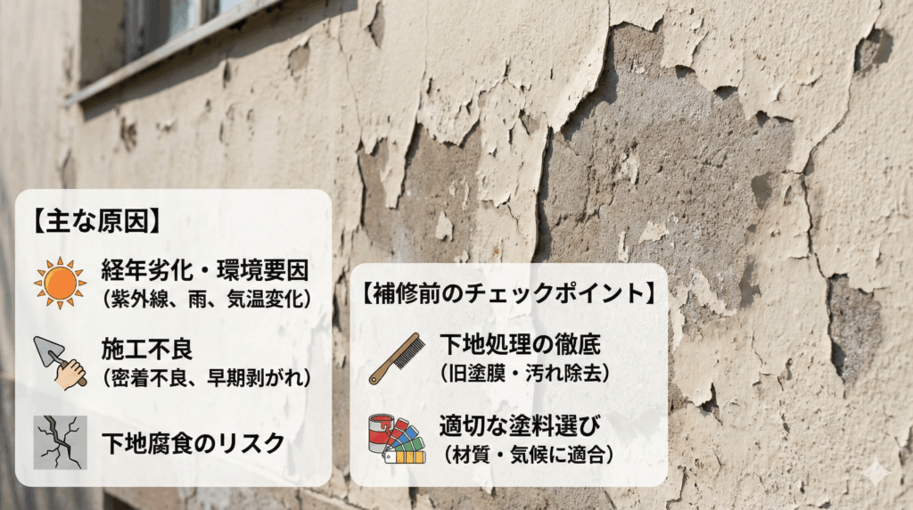 外壁の剥がれの主な原因と補修前のチェックポイント図解