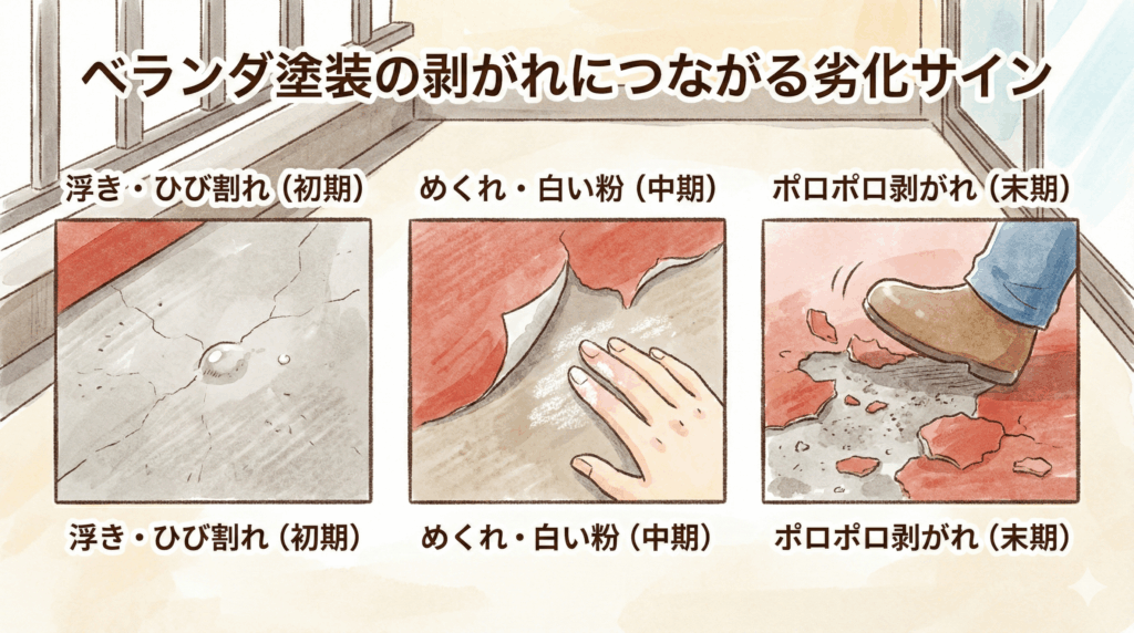 ベランダ塗装の剥がれにつながる劣化サイン図解