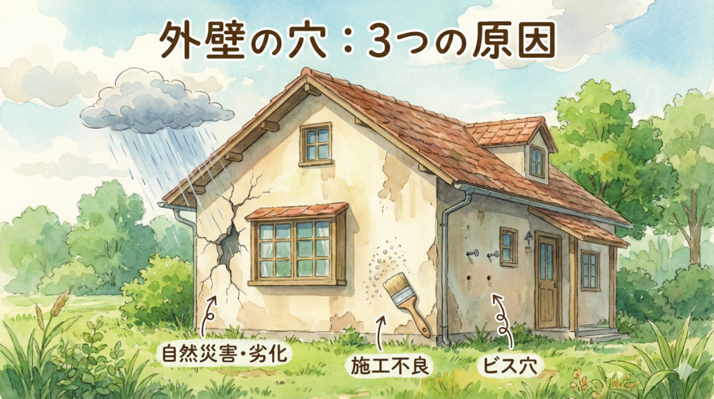 外壁にできた穴の種類と原因図解