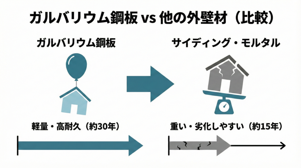 ガルバリウム鋼板の特徴と他の外壁材との違いを比較図解