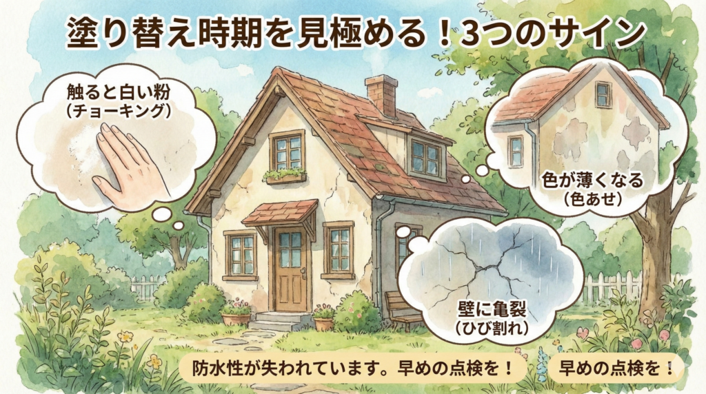 外壁塗装の塗り替え時期を見極める3つのサイン図解