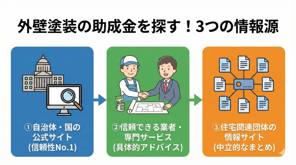 外壁塗装の助成金を探す3つの情報源