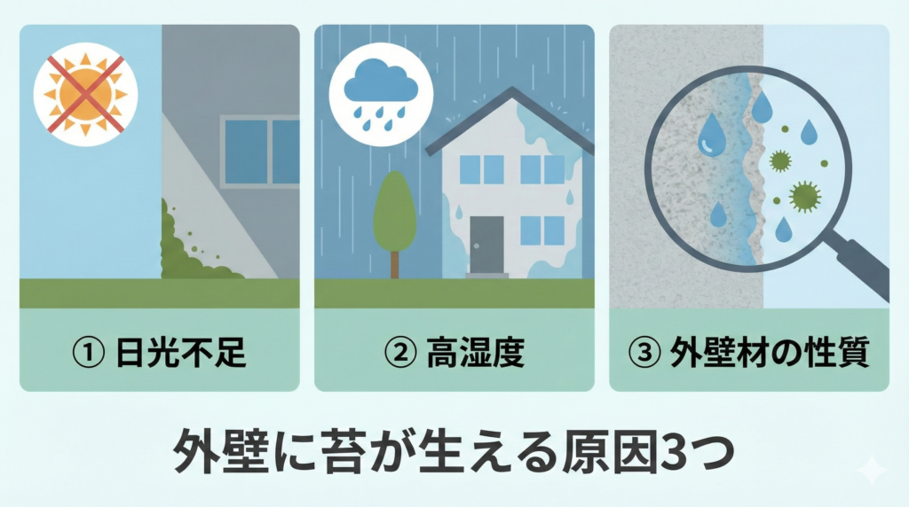 外壁に苔（コケ）が生える原因3つ図解