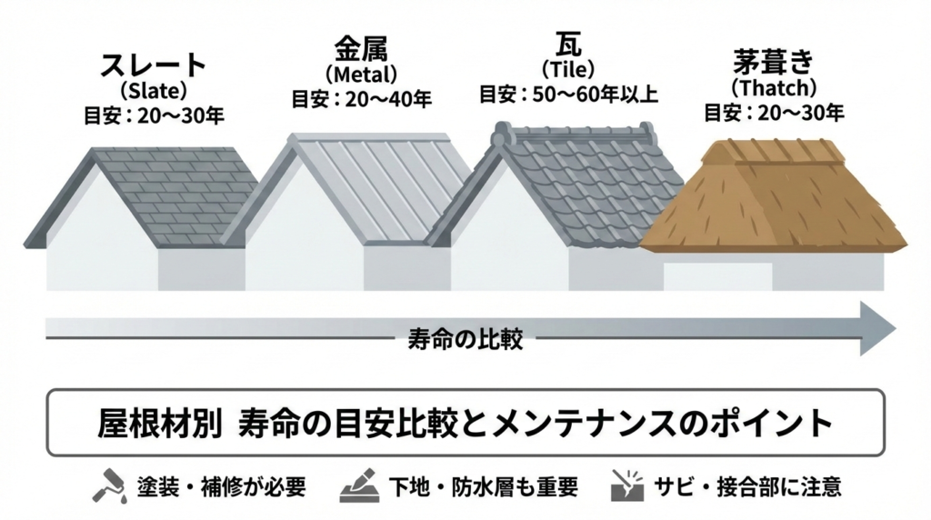 屋根材ごとに異なる寿命の目安