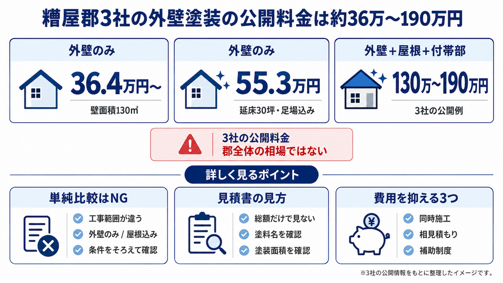 糟屋郡3社の外壁塗装の公開料金は約36万〜190万円